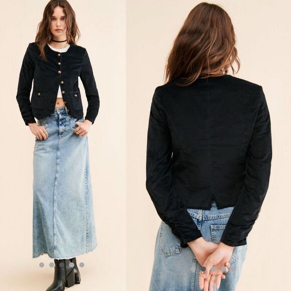 FREE PEOPLE Becky Black Velvet Military Jacket | Medium | Brass Button Detail “ - Picture 3 of 13
